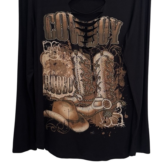 Vocal Black Distressed Cowboy Rodeo Rhinestoned Super Soft Long Sleeve Size L - Picture 4 of 8